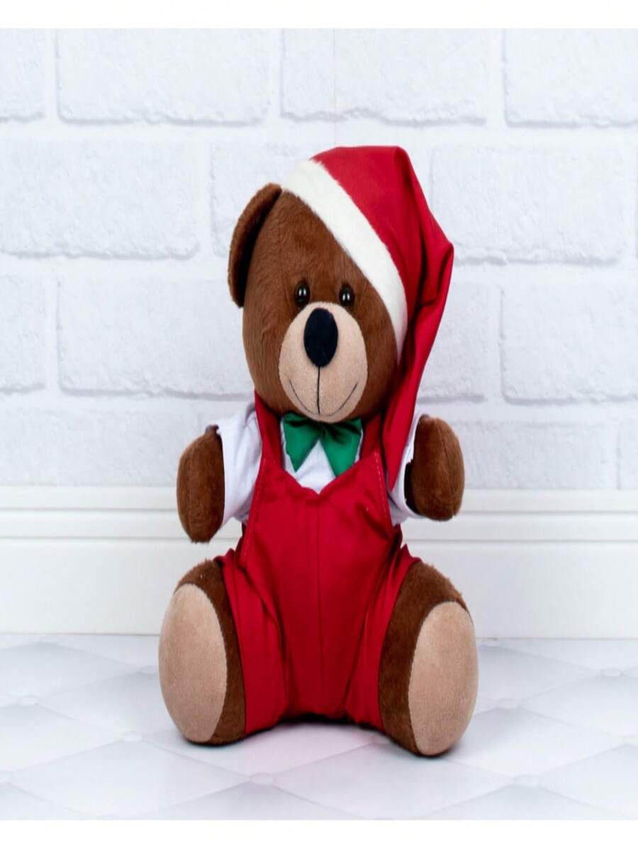 Santa Claus Plush Bear With Jumpsuit 18 Cm - Christmas Decoration - 棕色毛絨 - 查看 1