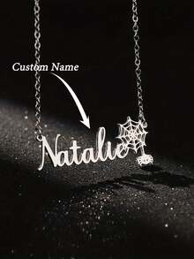 Personalisierte Namenskette für Frauen Männer aus rostfreiem Stahl, individualisierte Spinnen Namenskette in Silber-Gold-Farbe, Namensschildanhänger, Halloween Geschenke, Gothic Feiertags Dekorationen, Halloween Zubehör, Geschenke für Freunde - Silber - Übersicht 4