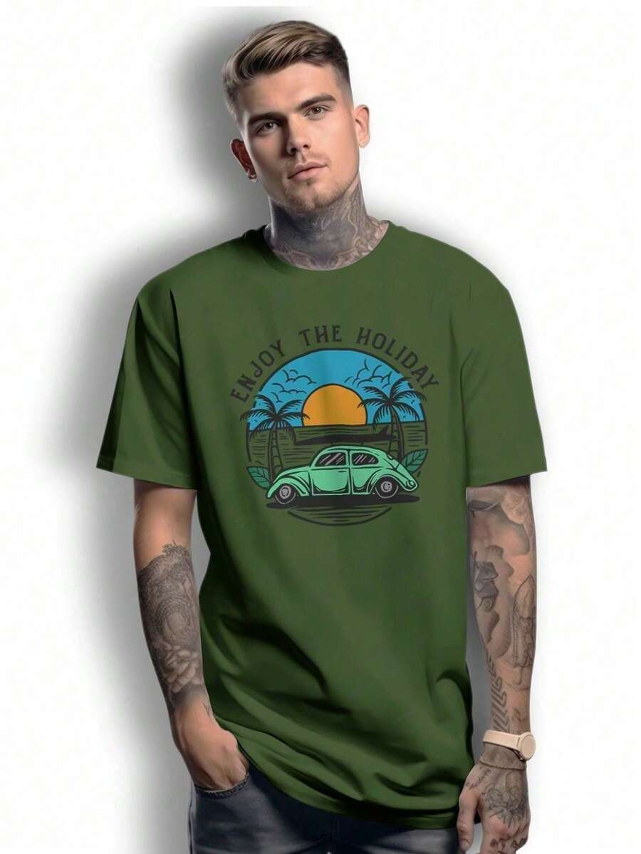 Basic T-Shirt Beetle Enjoy Holiday 100% Cotton Shirt GPJ1 - xanh quân đội - Xem 1