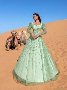 Faeriesty Đầm dạ hội dài tay ôm sát, sang trọng, đính cườm và sequin - Hiệu ứng lấp lánh nhiều lớp, thích hợp cho các buổi dạ tiệc trang trọng, sự kiện thảm đỏ và đám cưới thanh lịch. - màu xanh lá - Xem 8