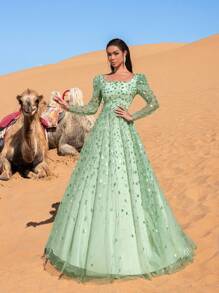 Faeriesty Đầm dạ hội dài tay ôm sát, sang trọng, đính cườm và sequin - Hiệu ứng lấp lánh nhiều lớp, thích hợp cho các buổi dạ tiệc trang trọng, sự kiện thảm đỏ và đám cưới thanh lịch. - màu xanh lá - Xem 4