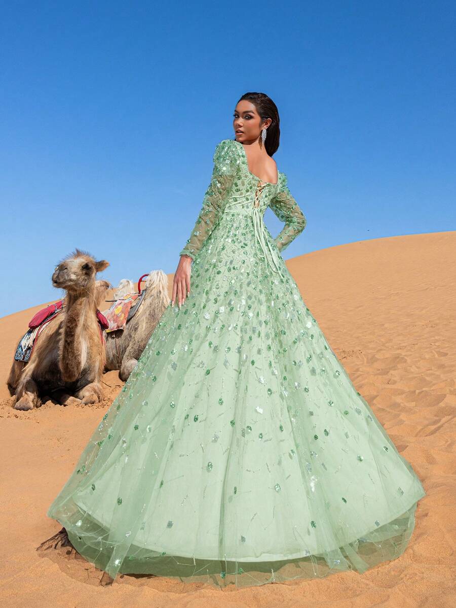 Faeriesty Đầm dạ hội dài tay ôm sát, sang trọng, đính cườm và sequin - Hiệu ứng lấp lánh nhiều lớp, thích hợp cho các buổi dạ tiệc trang trọng, sự kiện thảm đỏ và đám cưới thanh lịch.