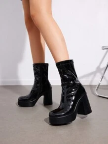 Women's Chunky Platform Ankle Boot High Block Heels Square Toe Lightweight Comfort Party Dress Booties Shoes For Women Women's Chunky Platform Ankle Boot High Block Heels Square Toe Lightweight Comfort Party Dress Booties Shoes For Women - 黑色漆皮 - 查看 2