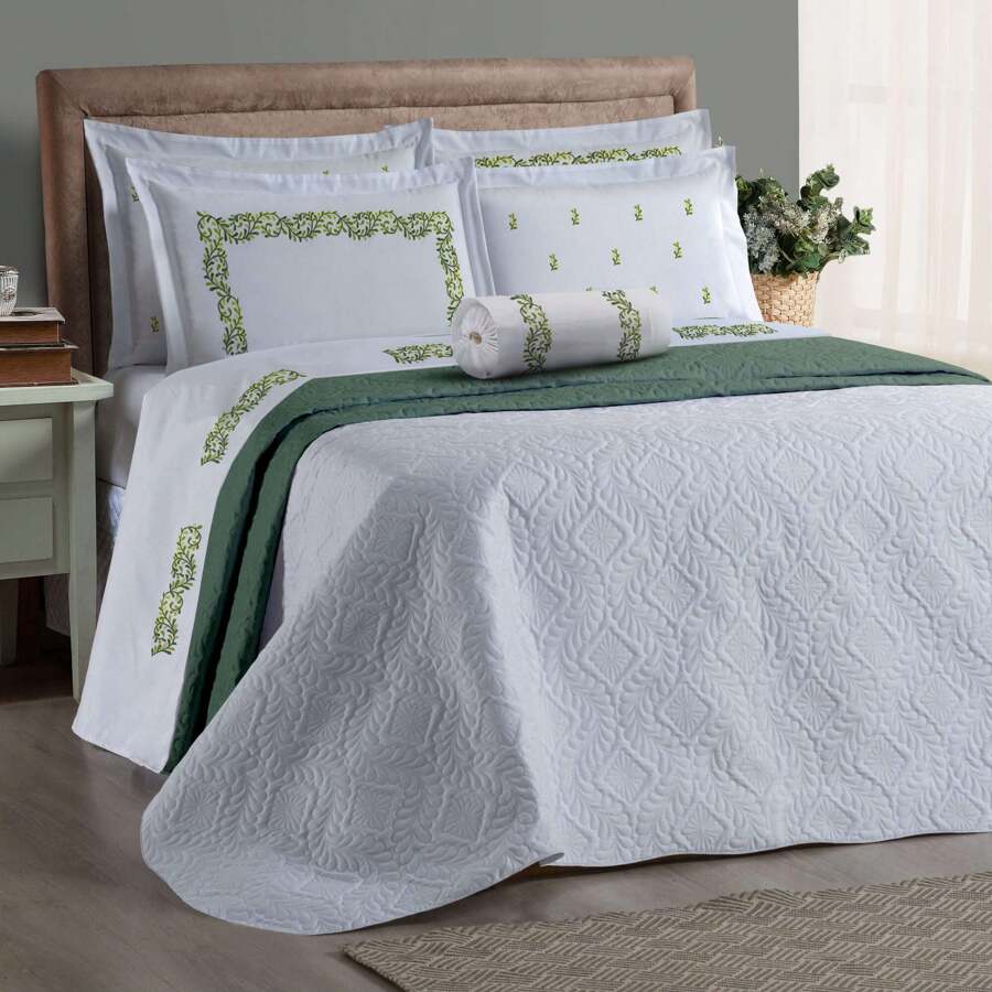 Double-Sided Bedspread Kit + 8-Piece Queen-Size Embroidered Sheet Set Benim - màu xanh lá - Xem 1