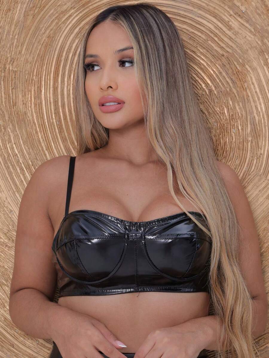 LADY CHIC Cropped Top Vinyl Strappy Women's Fashion Gringa Party - màu đen - Xem 1