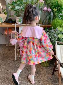 Young Girl Long Sleeve Dress, Cute French Style Flower Pattern Kid's Clothing, Children's Apparel, Suitable For Spring/Autumn