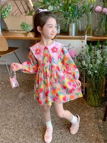 Young Girl Long Sleeve Dress, Cute French Style Flower Pattern Kid's Clothing, Children's Apparel, Suitable For Spring/Autumn