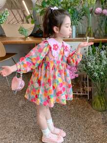 Young Girl Long Sleeve Dress, Cute French Style Flower Pattern Kid's Clothing, Children's Apparel, Suitable For Spring/Autumn