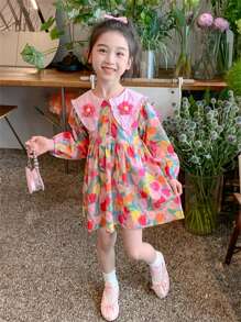 Young Girl Long Sleeve Dress, Cute French Style Flower Pattern Kid's Clothing, Children's Apparel, Suitable For Spring/Autumn