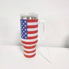 40 盎司不锈钢保温水瓶，带盖和吸管的水钻装饰水杯，美国国旗图案水瓶咖啡杯，独立日男女礼物 - 紅色 - 查看 9