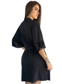 Charme Dela's Luxury Lace Robe With Polyamide Kimono Tie - Black - View 2