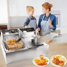 Freidora eléctrica de Aceite Industrial 12 Litros Doble Bandeja Acero Inoxidable;con 2 cestas y tapa ;Temperatura Ajustable Freidoras Industriales Electronica; para Papas a la Francesa Pollo Frito  pavo donas,etc - Plateado - Ver 4