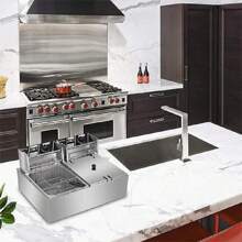 Freidora eléctrica de Aceite Industrial 12 Litros Doble Bandeja Acero Inoxidable;con 2 cestas y tapa ;Temperatura Ajustable Freidoras Industriales Electronica; para Papas a la Francesa Pollo Frito  pavo donas,etc - Plateado - Ver 2