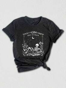 Read In Peace Shirt, Skeleton Book Shirt, Skeleton Reading Shirt, Book Lover Halloween, Skeleton Halloween, Bookish Halloween Shirt - Dark Grey - View 1