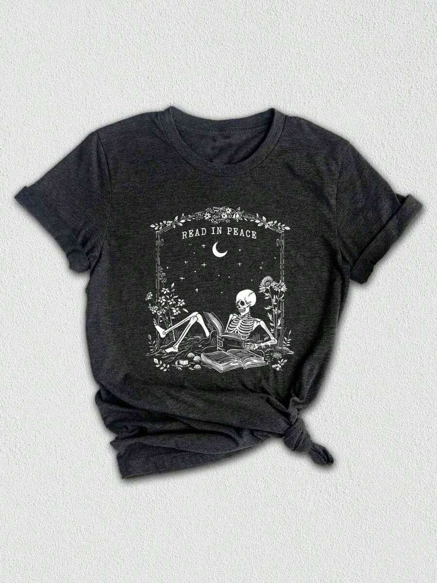Read In Peace Shirt, Skeleton Book Shirt, Skeleton Reading Shirt, Book Lover Halloween, Skeleton Halloween, Bookish Halloween Shirt - Dark Grey - View 1