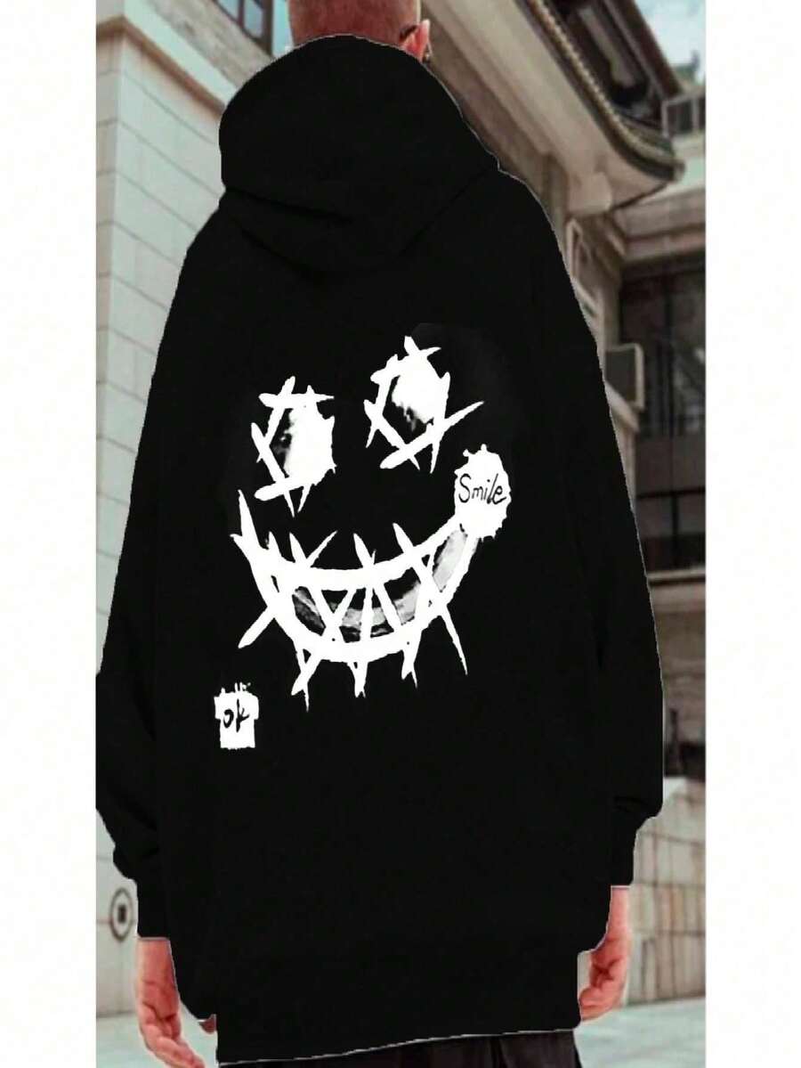 Unisex Women's And Men's Streetwear Kangaroo Sweatshirt Flannel Hooded Coat Cold Weather Sweatshirt Cotton Striped Smile (BACK) - màu đen - Xem 1