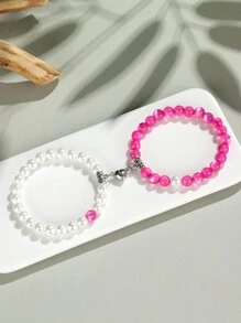 2pcs Classic Heart Magnetic Clasp Bracelet Set, Turquoise Represents Luck & Success, Crystal Energy Stone Bracelet, Friendship/Couple Valentine's Gift, Daily Accessory, 8mm Beads Crystal Bracelet Set - Multicolor - View 35