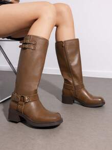 Women's Motorcycle Boots Side Zipper Knee High Boots Square Toe Chunky Low Heel Buckle Decorated Biker Fashion Stylish Riding Boots Festival Dresses For Woman - Màu nâu  Mocha - Xem 1