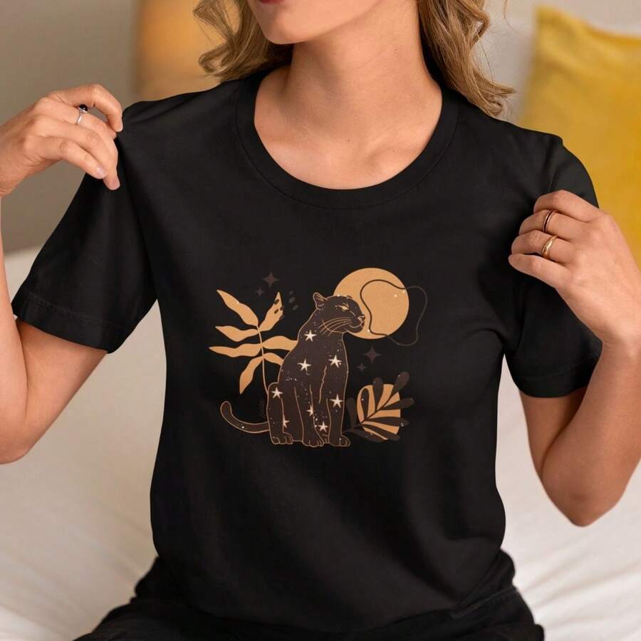 Women's T-Shirt, Trend, Casual, 100% Cotton, Premium, Animal Print Panther, High Definition - 黑色 - 查看 1