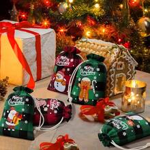 随机颜色 2/4/8 件圣诞亚麻束礼品袋-水牛格子和雪花图案，可重复使用的亚麻礼品袋适用于节日派对礼品和礼品包装袋。圣诞装饰品圣诞装饰圣诞礼物圣诞派对用品圣诞礼品袋圣诞袋圣诞贴纸 - 彩色 - 查看 2