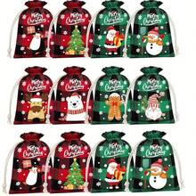 随机颜色 2/4/8 件圣诞亚麻束礼品袋-水牛格子和雪花图案，可重复使用的亚麻礼品袋适用于节日派对礼品和礼品包装袋。圣诞装饰品圣诞装饰圣诞礼物圣诞派对用品圣诞礼品袋圣诞袋圣诞贴纸 - 彩色 - 查看 1