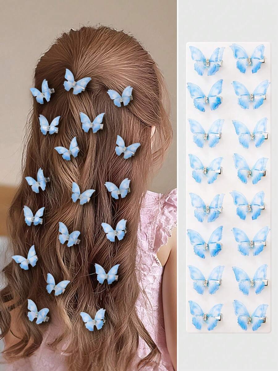 10pcs/Pack Baby Girls' Light Blue Double-Layer Crystal Organza Butterfly Small Hairclips, Cute Princess Hair Accessories