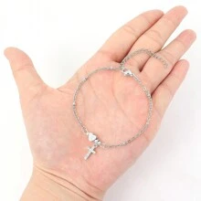 1件新款时尚十字架和心形字母银色不锈钢串珠链手链，适合女性，情人节、母亲节礼物 - 銀色 - 查看 3