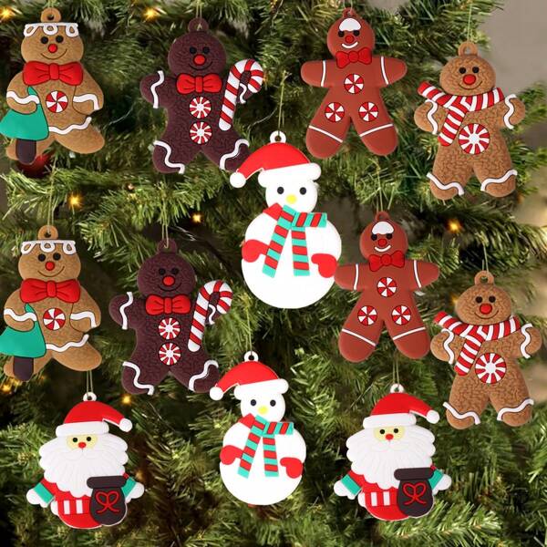 12pcs Gingerbread Man And Snowman Pendants - Add Beauty To Your Christmas Tree Decorations, Event Party Decorations, Gift Accessories, 2.8 Inches,Christmas