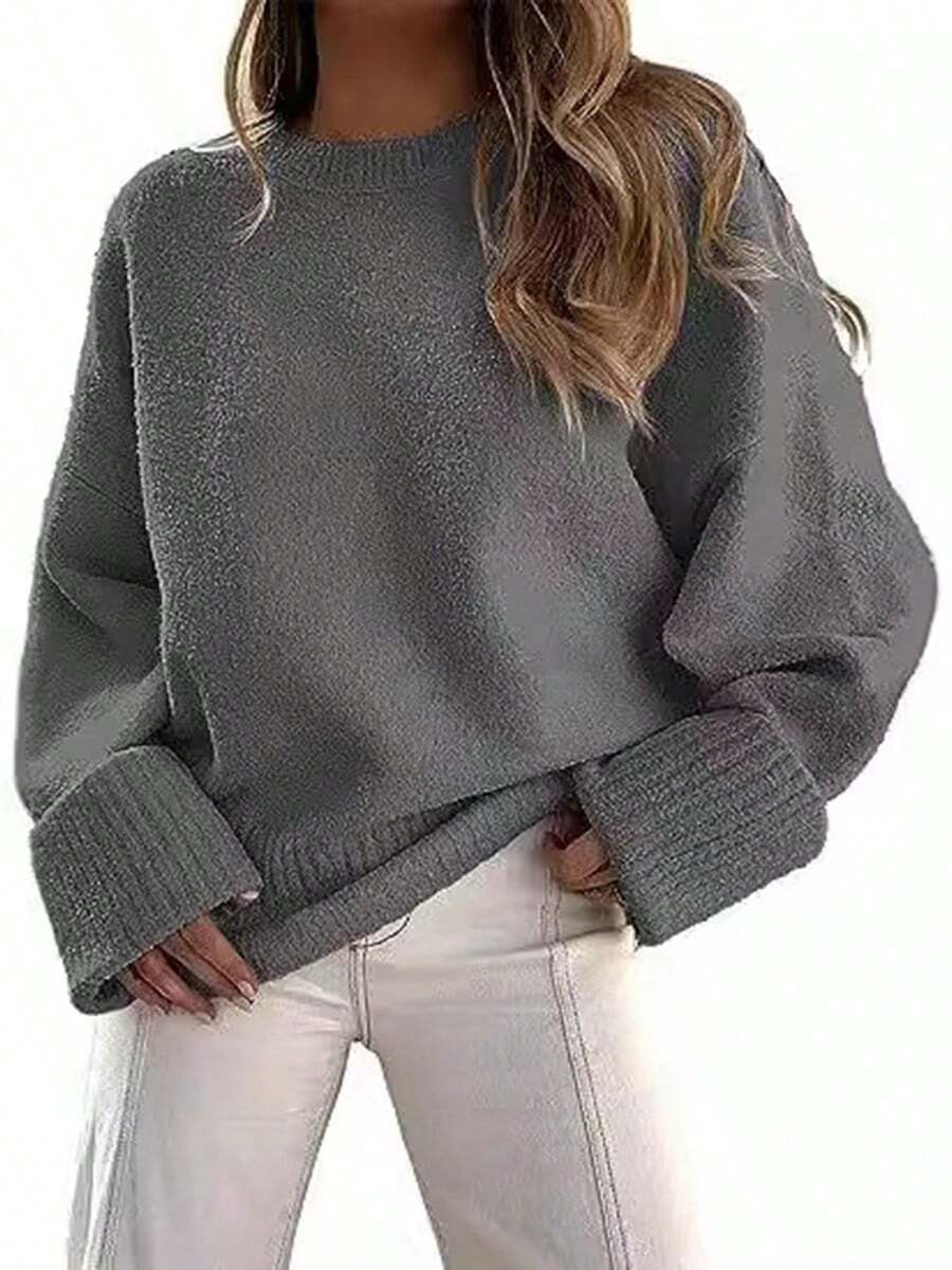 Women's Oversized Crewneck Long Sleeve Fuzzy Knit Casual Chunky Warm 2024 Fall Winter Pullover Sweaters Top Outfits - 深灰色 - 查看 1