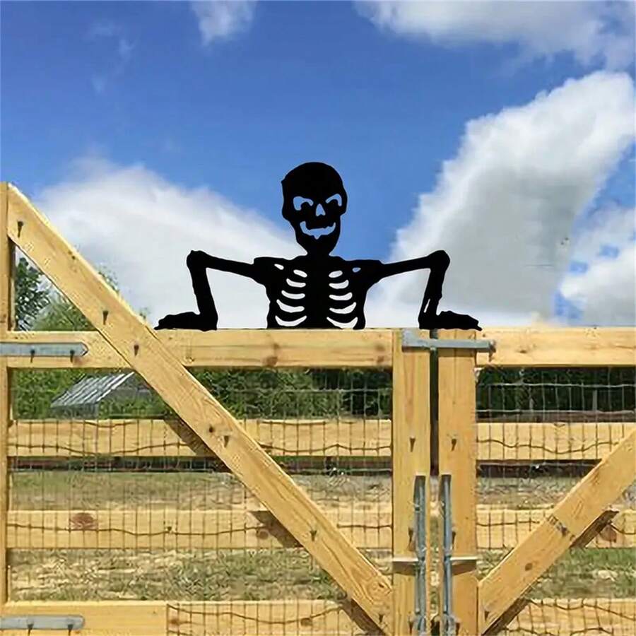 1 件铁艺剪影可爱骷髅雕像，栅栏装饰，户外万圣节金属花园庭院房屋装饰，庭院艺术装饰，适用于花园、派对、节日 - 彩色 - 查看 1