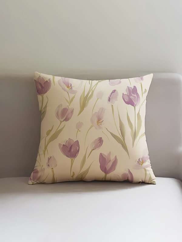 1pc Nordic Floral Purple Tulips Cushion Cover - Soft Plush Pillow Sham Suitable For Sofa, Bed And Couch - Home Decor Without Insert - Add Comfort And Style To Your Sleep Space
