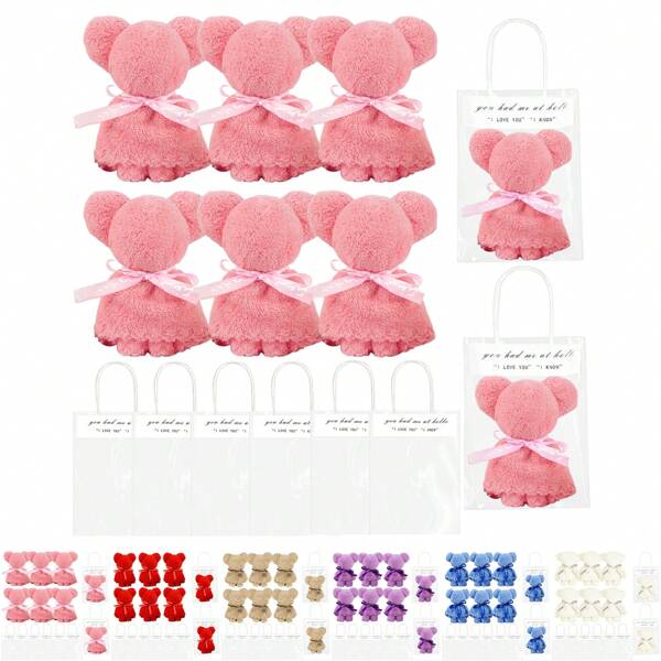 Set regalo di 12 pezzi di asciugamani da bagno a tema orso, inclusi 6 morbidi asciugamani da mano in pile corallino e 6 borse, ideale per matrimoni, docce, compleanni, souvenir, rientro a scuola, San Valentino