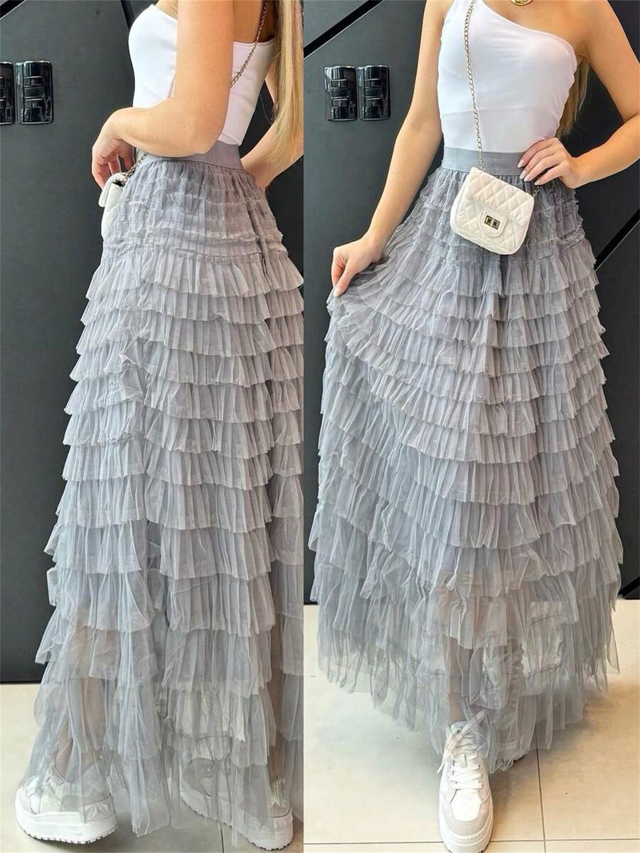 Women's Tulle Skirt, Elegant And Elastic, Long Midi, Layered Ruffle Skirt - 灰色 - 查看 1