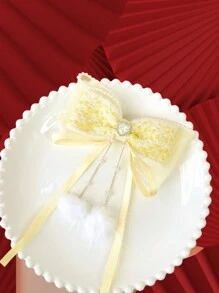 1 件蝴蝶结珍珠装饰和珍珠流苏发夹 - 黃色 - 查看 2