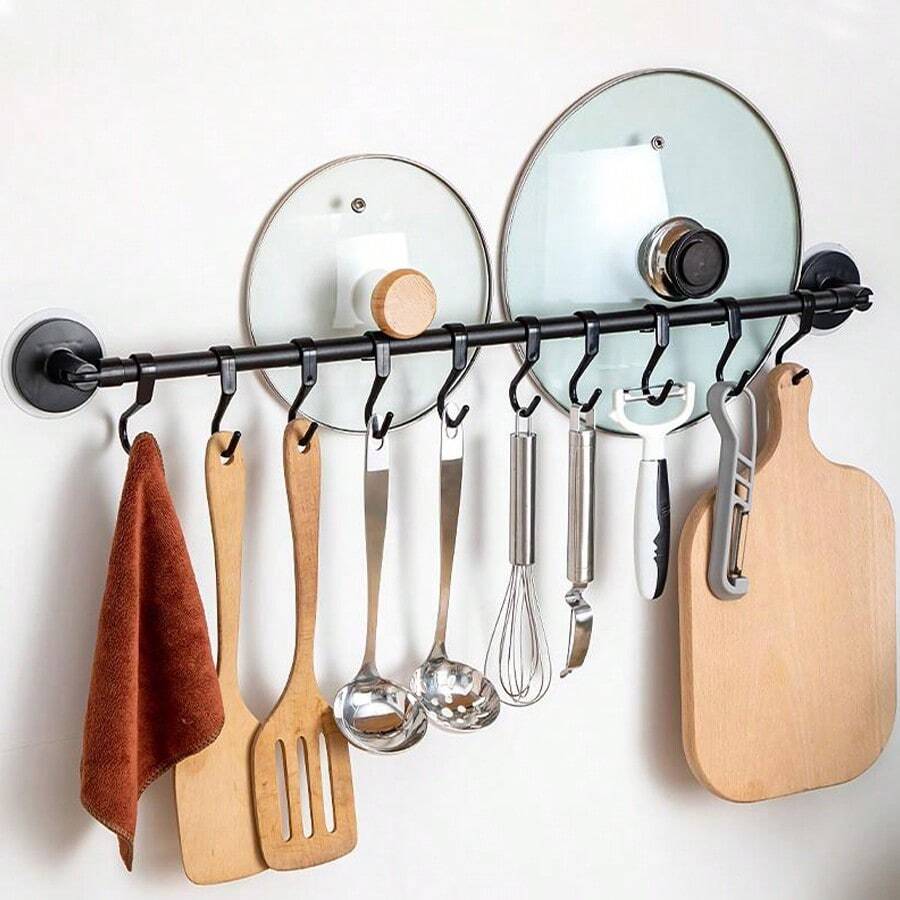 1 件装厨房挂钩支架，带贴纸，壁挂式锅盖架，可旋转挂杆，铲子、勺子和勺子收纳架，无需钻孔