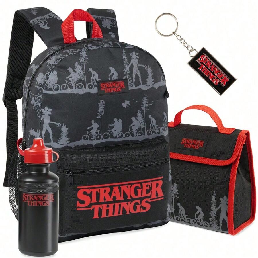 Stranger Things Backpack Set 4 Pieces Water Bottle Insulated Lunch Bag Keyring School Supplies Travel Holiday Days Out - A - View 1