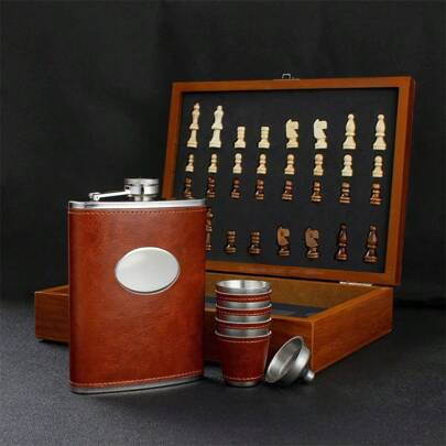 6Pcs 8OZ 4-Piece Medium-Sized Wooden Checkerboard Chess Wine Pot Set, Gift Set For Dad And Elders, Home Decoration, Can Be Used For Drinking Water, Coffee, Milk, Beverages, Etc., Suitable For Travel, Parties, Gatherings, Weddings, Gifts For Friends, Gifts For Boyfriends, Gifts For Fathers, Christmas Gifts, New Year Gifts.