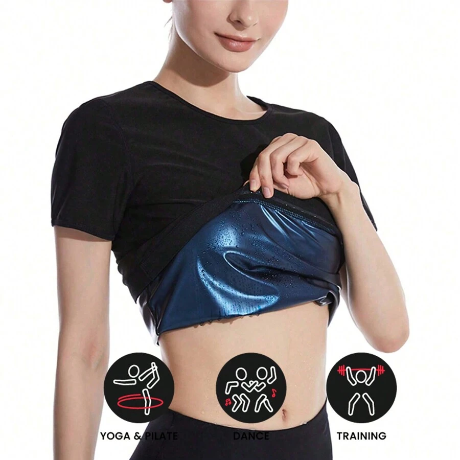 运动户外 1 件女式桑拿汗水减肥健身上衣 - 非常适合瑜伽、跑步和运动塑身衣健身器材配件健身房配件，用于腹部瘦身束腹带、腹部瘦身束腰带 - 藍色 - 查看 1