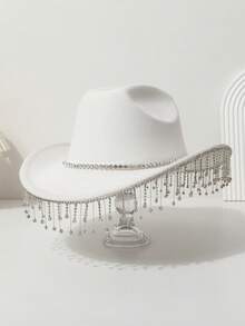 1pc Women's Solid Color Crystal Rhinestone Tassel Cowgirl Western Hat For Travel, Party, Festival, Casual, Wedding, Daily Wear Skull Skeleton Halloween - Multicolor - View 5