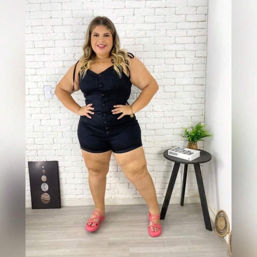 Plus Size Button Jumpsuit With Elastane Denim - màu đen - Xem 1