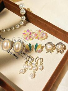 5pcs/Set Vintage Hollow Bow Faux Pearl Earrings For Women, Asymmetrical Minimalist Earring Set Valentines