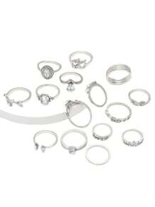 15 件/套开口戒指镂空心形水钻首饰戒指套装情人节、妈妈、母亲、母亲节、礼物