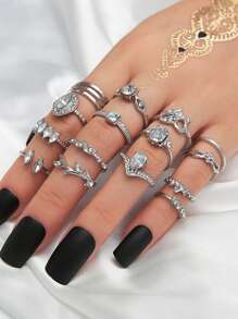 15 件/套开口戒指镂空心形水钻首饰戒指套装情人节、妈妈、母亲、母亲节、礼物