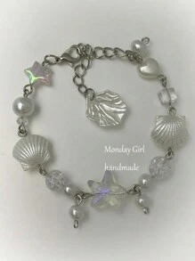 1 件甜美酷炫时尚金属和亚克力多色贝壳星心和珍珠串珠手链，适合女孩、生日礼物或日常佩戴情人节、妈妈、母亲、母亲节、礼物 - 彩色 - 查看 2