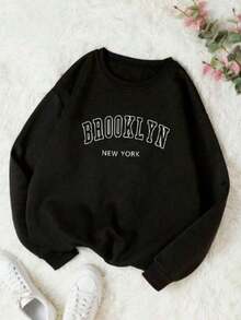 Women's Streetwear Brooklyn Sweatshirt Premium Cold Weather Top Cotton Coat - màu đen - Xem 3