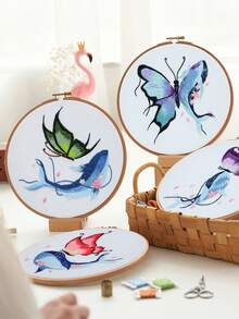 1 套莊周蝴蝶夢刺繡壁掛/桌布裝飾 Diy 刺繡材料包,帶繡圈、穿線器和顏色隨機纏繞板 - 彩色 - 查看 2