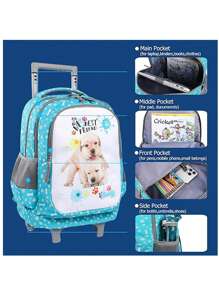 Kids Fashion Rolling Backpack, 18 Inch Double Handle Laptop Backpack, Plane Bag, Luggage, School Supplies, Durable With Waterproof Material, Shoulder Drop, Concealed Pockets And Wheel Cover, Big Storage Capacity, Great For Boys And Girls School, College, Vacation, Trip Use, Travel Bag With Wheels, Fruits, Cat And Dog Prints, Best Christmas Gifts For Kids, Free Shipping And Hot - 藍色 - 查看 3