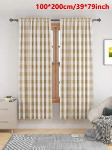 2pcs Modern Simple Khaki Plaid Fabric Curtains For Living Room, Bedroom, Balcony Decor