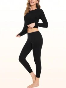 女士保暖内衣套装（2件套），长袖上衣和长裤，柔软保暖内衬，秋冬季打底衫 - 彩色 - 查看 5