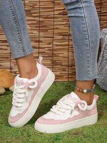 女士春秋学院风大码板鞋粗跟粉色拼接撞色粉色女鞋厚底增高女休闲运动鞋